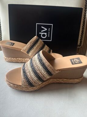 DV by Dolce Vita Tan and Black Striped Woven Espadrille Wedge Slides